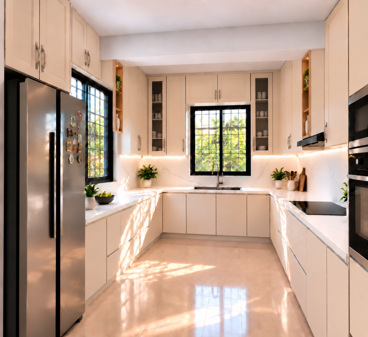 Visualización de una cocina blanca en forma de U con iluminación cálida